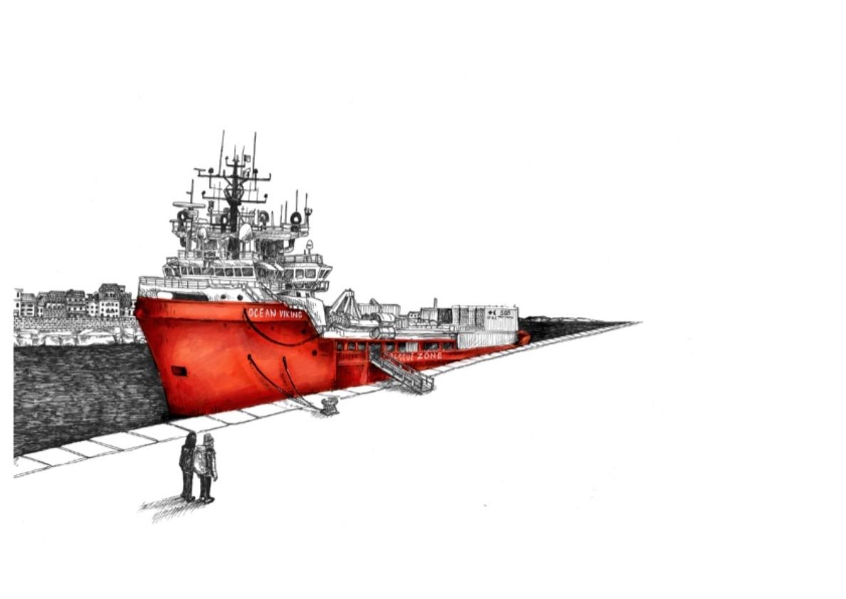 Illustration de Mariemo aux traits fins, d'un bâteau nommé Ocean Viking, amaré à un quai. Deux personnages au premier plan s'avance vers le bâteau.